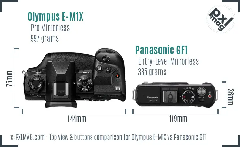 Olympus E-M1X vs Panasonic GF1 top view buttons comparison