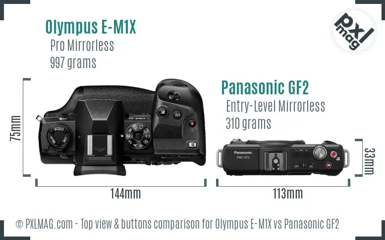 Olympus E-M1X vs Panasonic GF2 top view buttons comparison