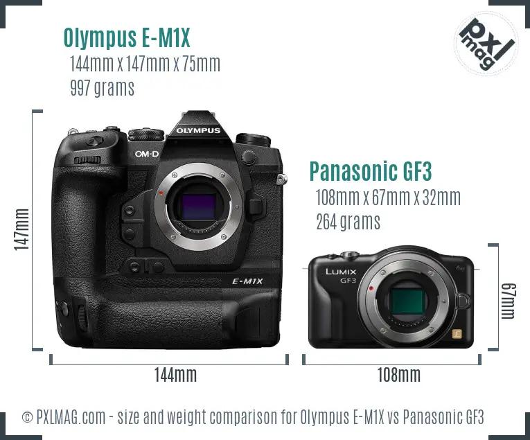 Olympus E-M1X vs Panasonic GF3 size comparison