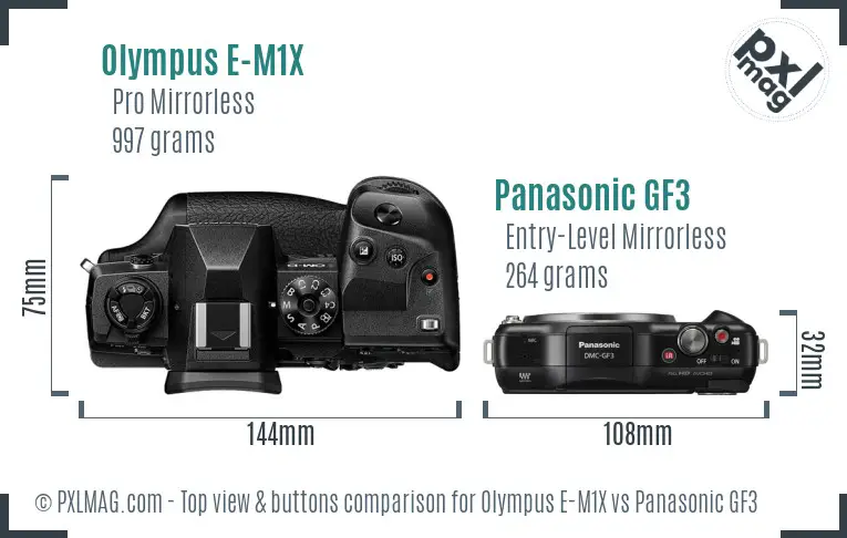 Olympus E-M1X vs Panasonic GF3 top view buttons comparison