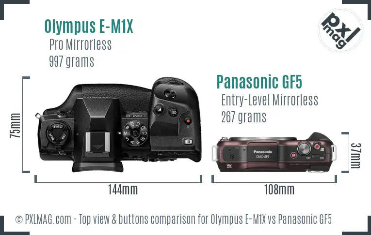 Olympus E-M1X vs Panasonic GF5 top view buttons comparison