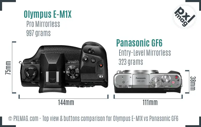 Olympus E-M1X vs Panasonic GF6 top view buttons comparison
