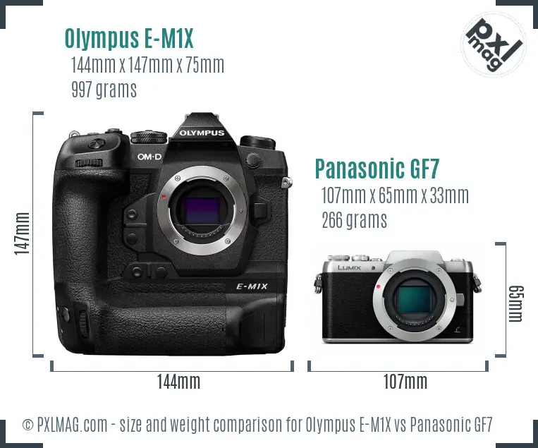 Olympus E-M1X vs Panasonic GF7 size comparison