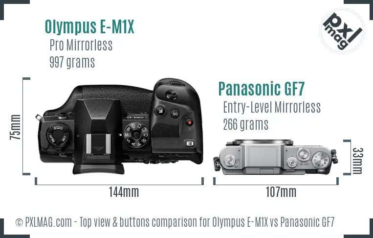 Olympus E-M1X vs Panasonic GF7 top view buttons comparison