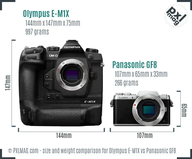 Olympus E-M1X vs Panasonic GF8 size comparison