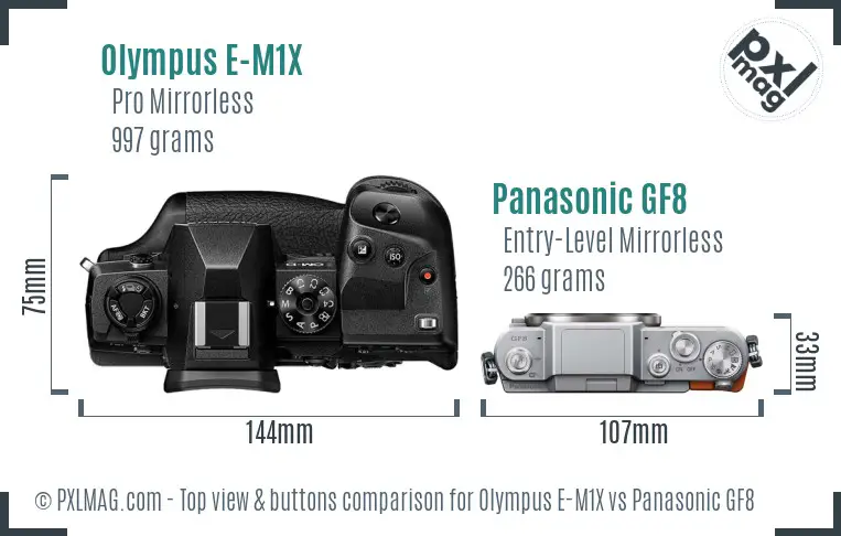 Olympus E-M1X vs Panasonic GF8 top view buttons comparison