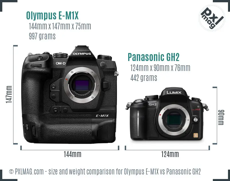 Olympus E-M1X vs Panasonic GH2 size comparison