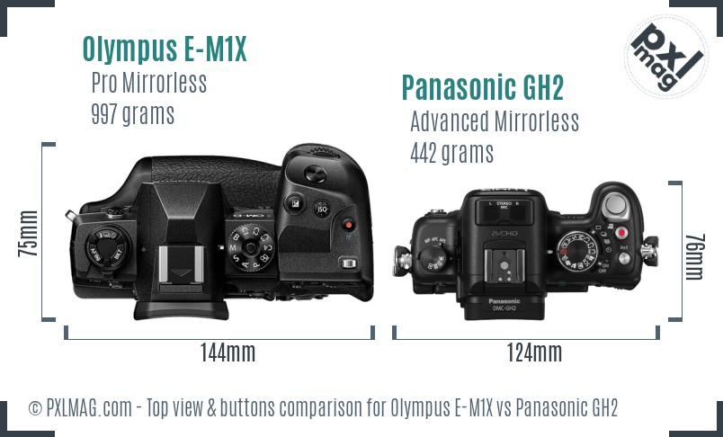 Olympus E-M1X vs Panasonic GH2 top view buttons comparison