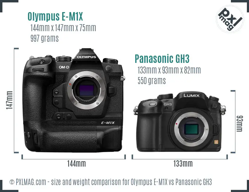 Olympus E-M1X vs Panasonic GH3 size comparison