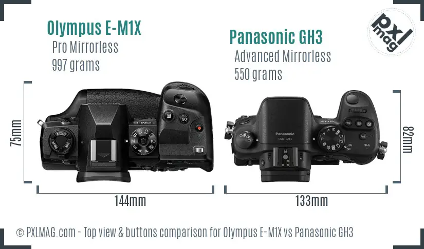 Olympus E-M1X vs Panasonic GH3 top view buttons comparison