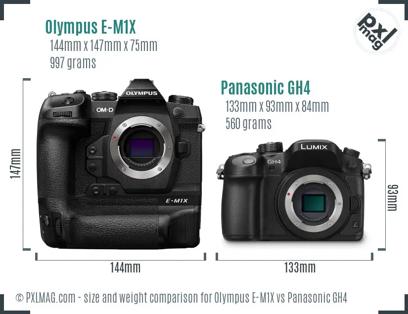 Olympus E-M1X vs Panasonic GH4 size comparison