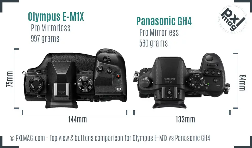 Olympus E-M1X vs Panasonic GH4 top view buttons comparison