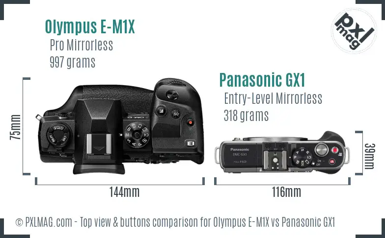 Olympus E-M1X vs Panasonic GX1 top view buttons comparison