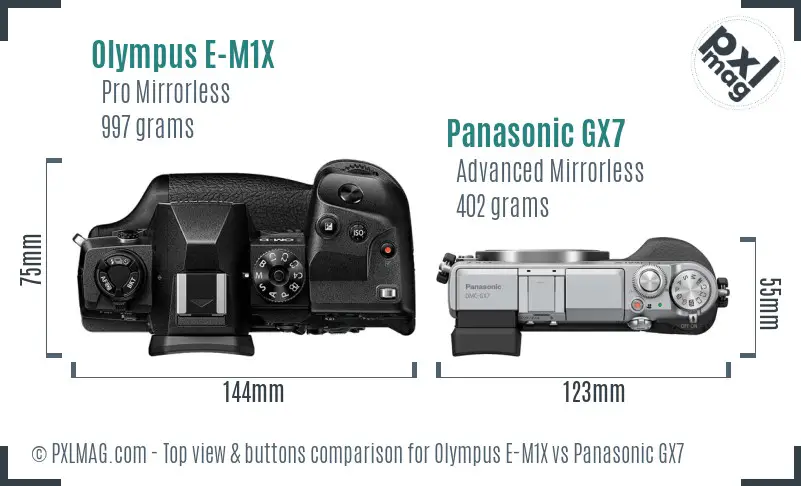 Olympus E-M1X vs Panasonic GX7 top view buttons comparison