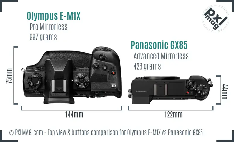 Olympus E-M1X vs Panasonic GX85 top view buttons comparison