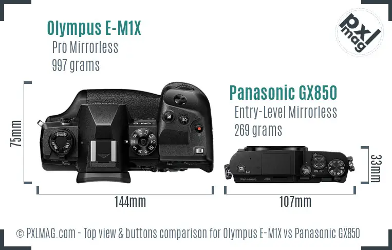 Olympus E-M1X vs Panasonic GX850 top view buttons comparison