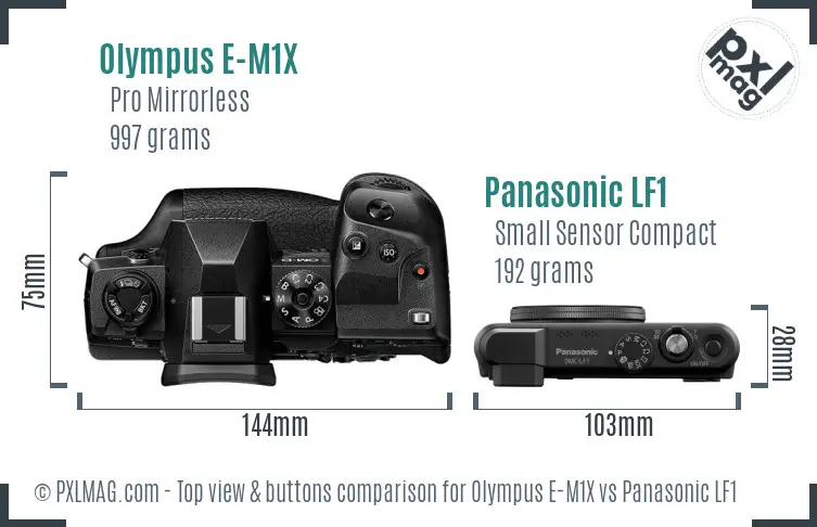 Olympus E-M1X vs Panasonic LF1 top view buttons comparison