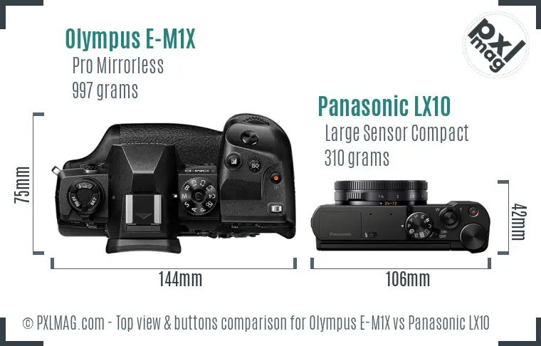 Olympus E-M1X vs Panasonic LX10 top view buttons comparison