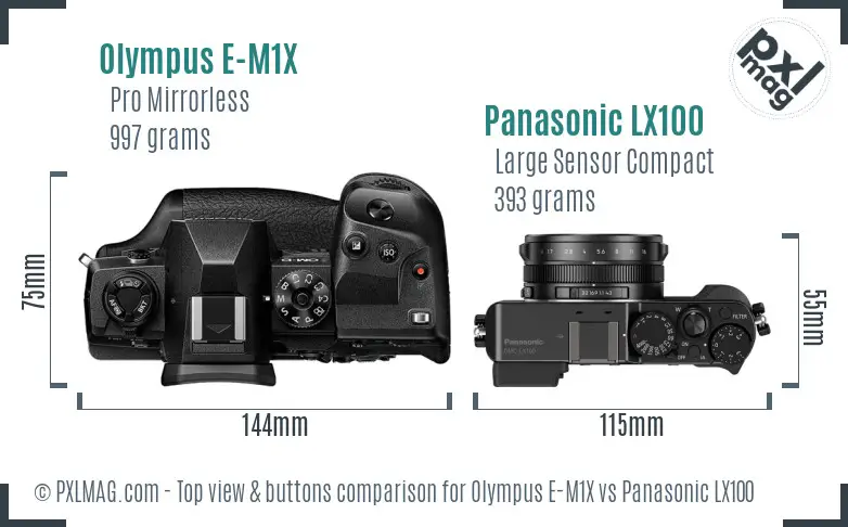 Olympus E-M1X vs Panasonic LX100 top view buttons comparison