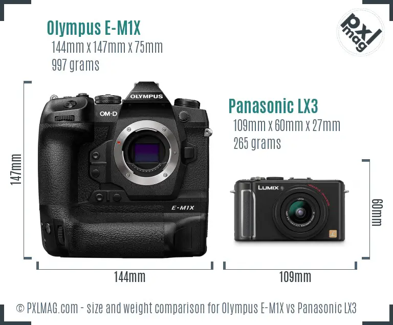 Olympus E-M1X vs Panasonic LX3 size comparison