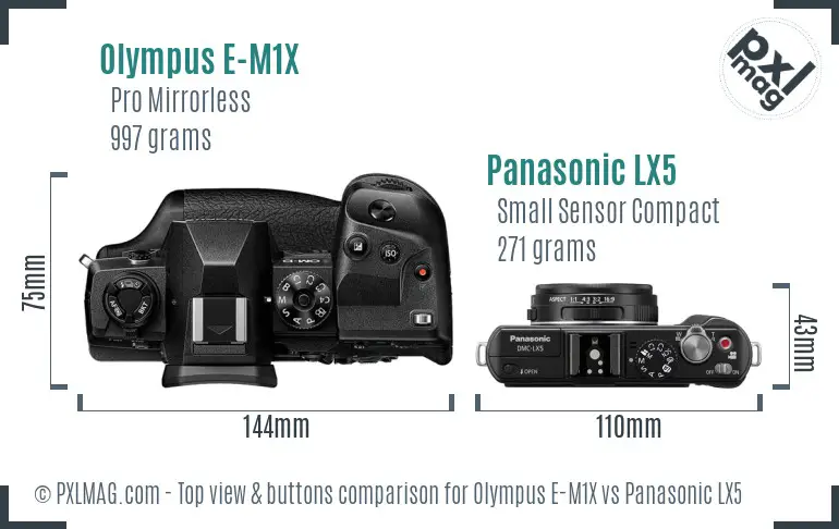 Olympus E-M1X vs Panasonic LX5 top view buttons comparison Olympus E-M1X vs Panasonic LX5 top view buttons comparison