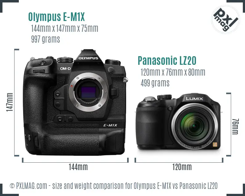 Olympus E-M1X vs Panasonic LZ20 size comparison