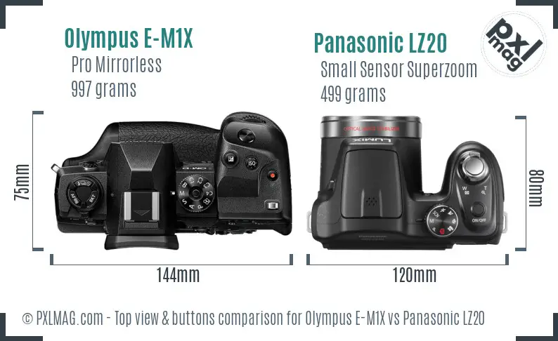 Olympus E-M1X vs Panasonic LZ20 top view buttons comparison