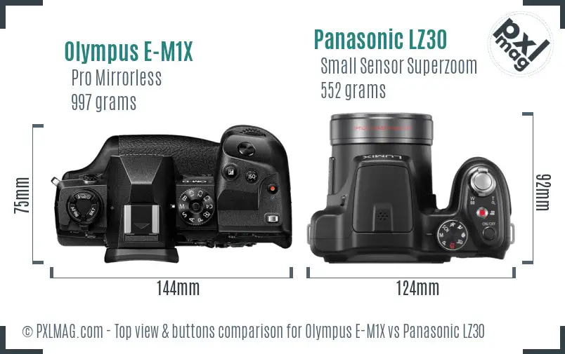 Olympus E-M1X vs Panasonic LZ30 top view buttons comparison Olympus E-M1X vs Panasonic LZ30 top view buttons comparison