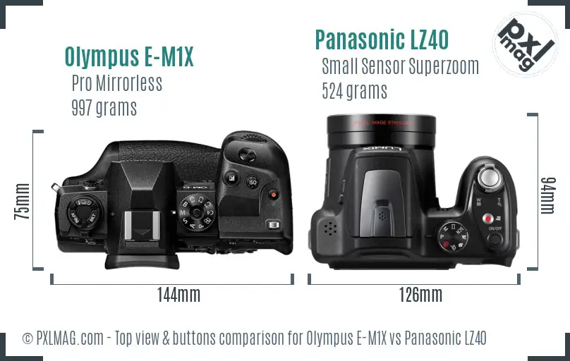 Olympus E-M1X vs Panasonic LZ40 top view buttons comparison