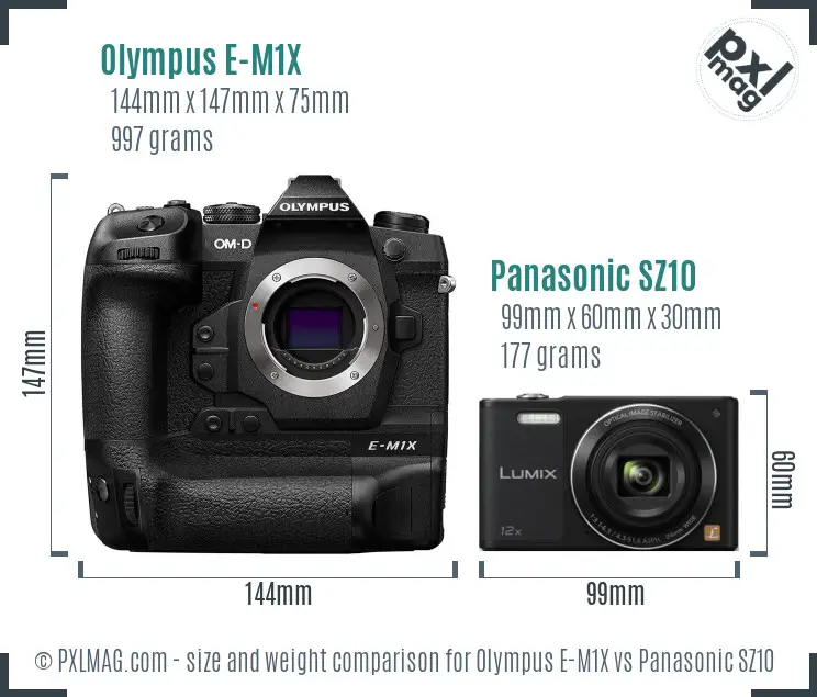 Olympus E-M1X vs Panasonic SZ10 size comparison