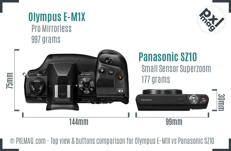 Olympus E-M1X vs Panasonic SZ10 top view buttons comparison