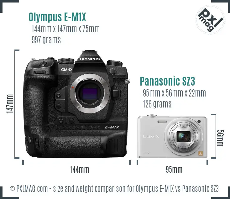 Olympus E-M1X vs Panasonic SZ3 size comparison
