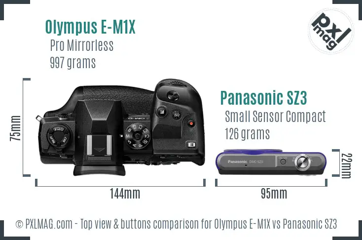 Olympus E-M1X vs Panasonic SZ3 top view buttons comparison