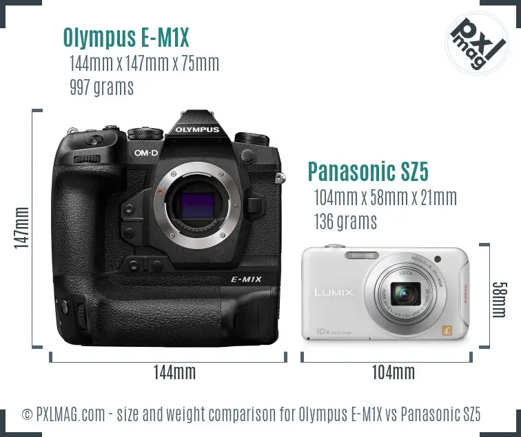 Olympus E-M1X vs Panasonic SZ5 size comparison