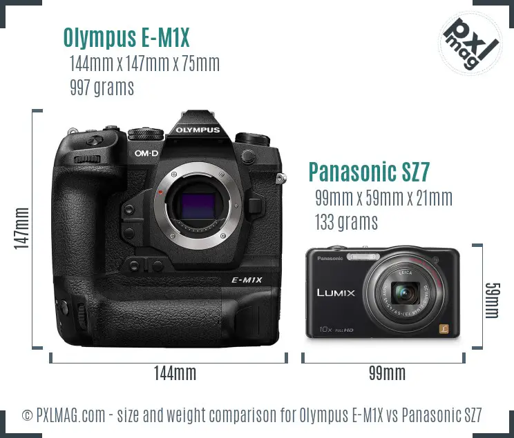 Olympus E-M1X vs Panasonic SZ7 size comparison