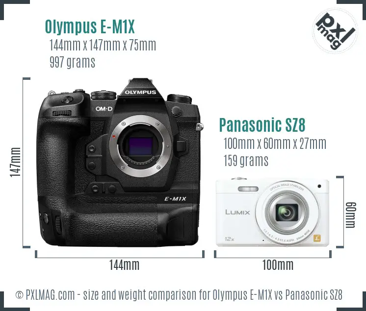 Olympus E-M1X vs Panasonic SZ8 size comparison