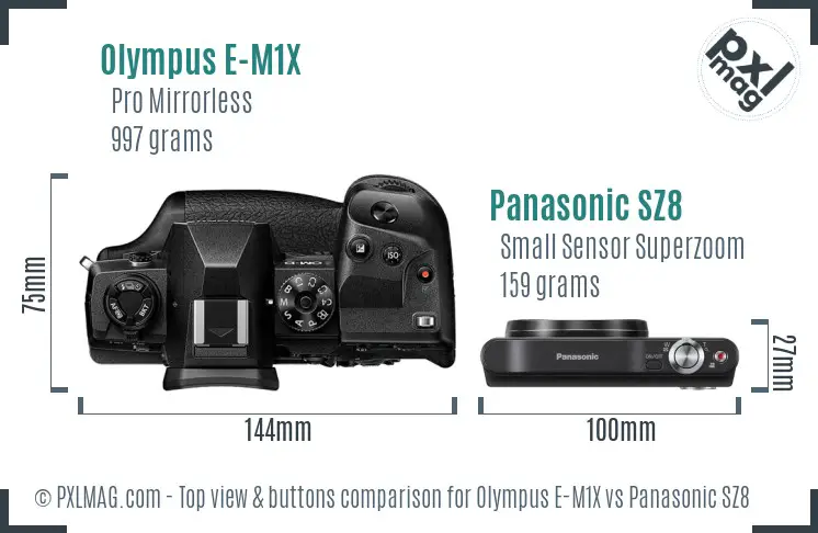 Olympus E-M1X vs Panasonic SZ8 top view buttons comparison