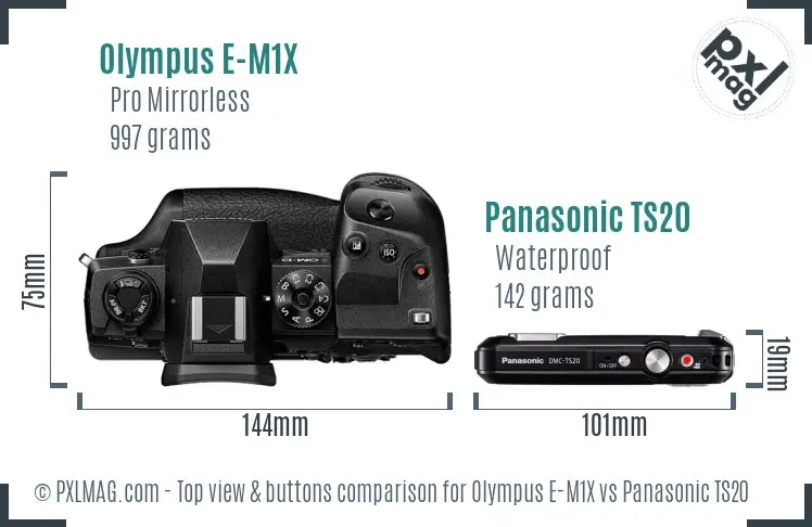 Olympus E-M1X vs Panasonic TS20 top view buttons comparison