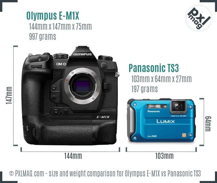 Olympus E-M1X vs Panasonic TS3 size comparison
