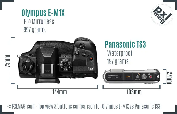 Olympus E-M1X vs Panasonic TS3 top view buttons comparison