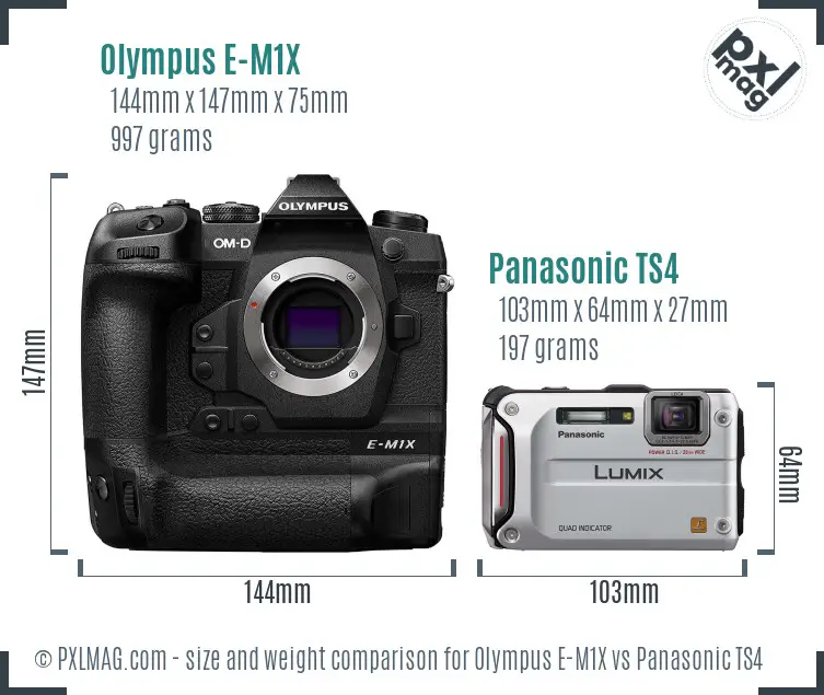 Olympus E-M1X vs Panasonic TS4 size comparison