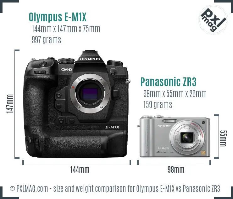 Olympus E-M1X vs Panasonic ZR3 size comparison