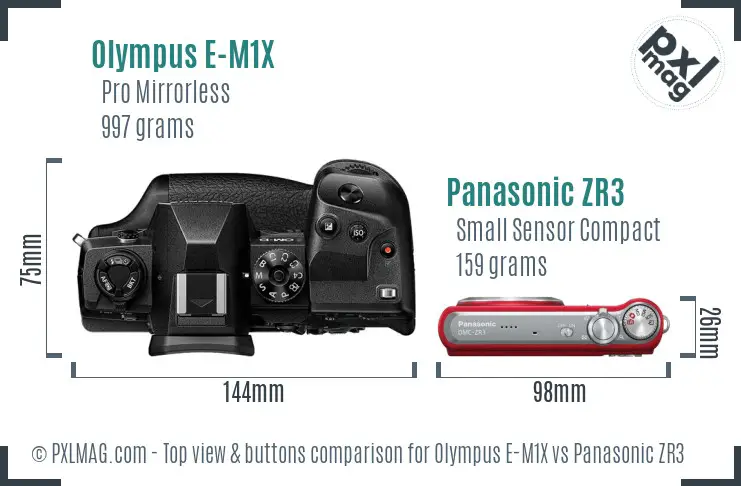 Olympus E-M1X vs Panasonic ZR3 top view buttons comparison