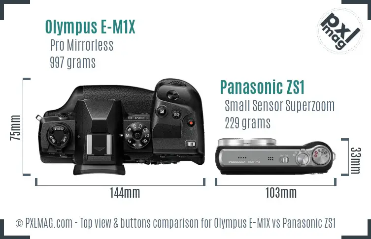 Olympus E-M1X vs Panasonic ZS1 top view buttons comparison