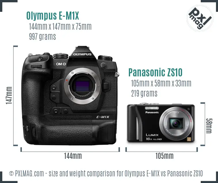 Olympus E-M1X vs Panasonic ZS10 size comparison