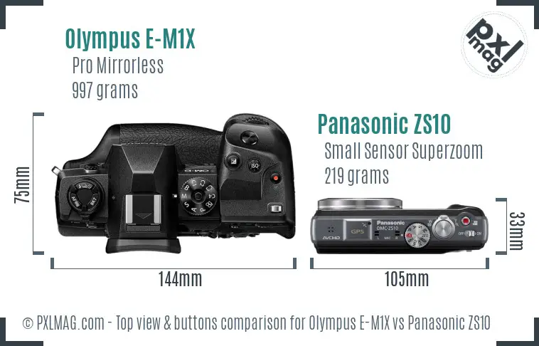Olympus E-M1X vs Panasonic ZS10 top view buttons comparison