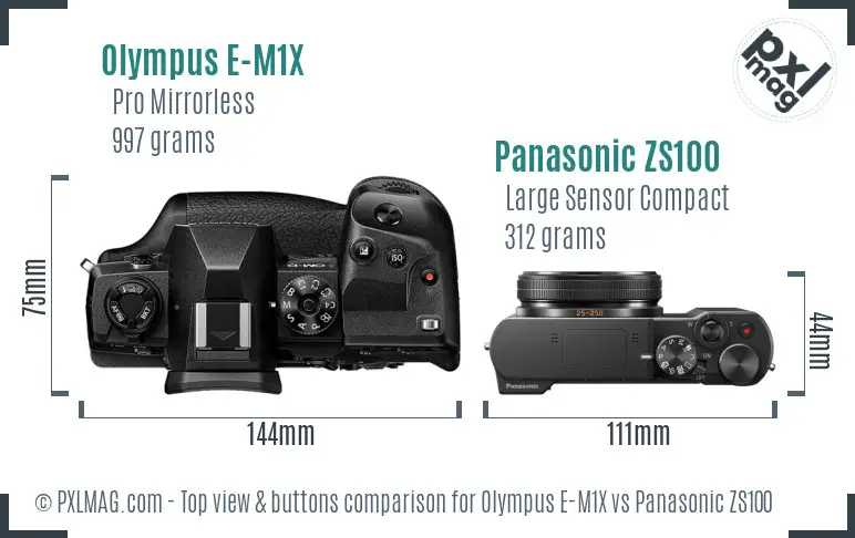 Olympus E-M1X vs Panasonic ZS100 top view buttons comparison
