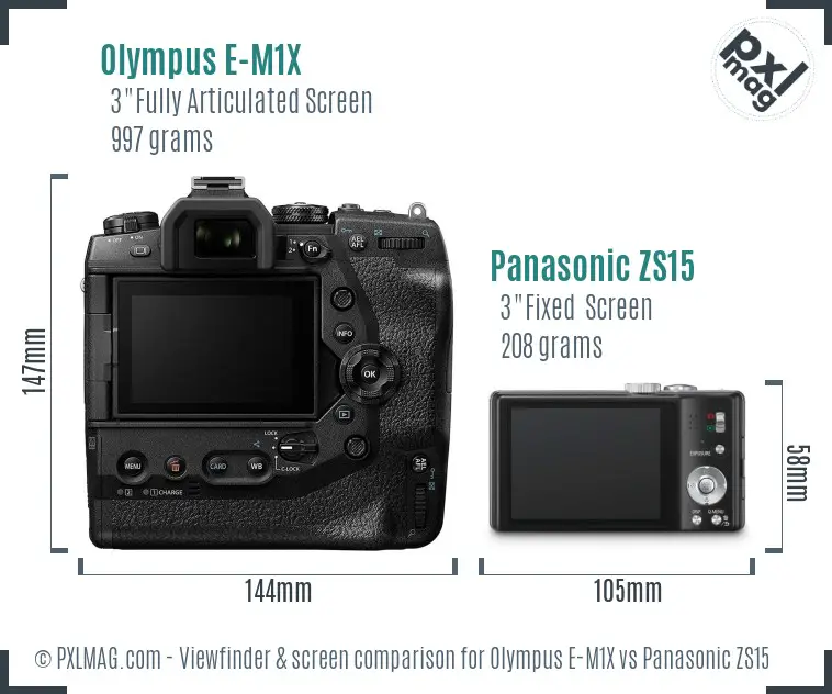 Olympus E-M1X vs Panasonic ZS15 Screen and Viewfinder comparison