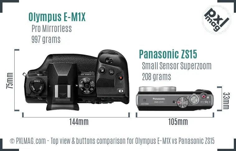 Olympus E-M1X vs Panasonic ZS15 top view buttons comparison