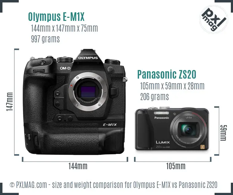 Olympus E-M1X vs Panasonic ZS20 size comparison